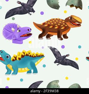 Vector seamless with Dinosaur and eggs for your design textile, wallpapers, fabric, posters. Funny dinosaurs and Pterodactyl.Vector illustration. Stock Vector