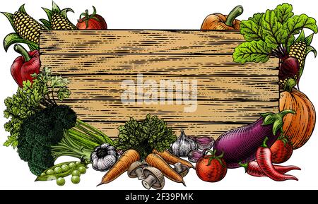 Vegetable Fresh Garden Produce Border Woodcut Sign Stock Vector