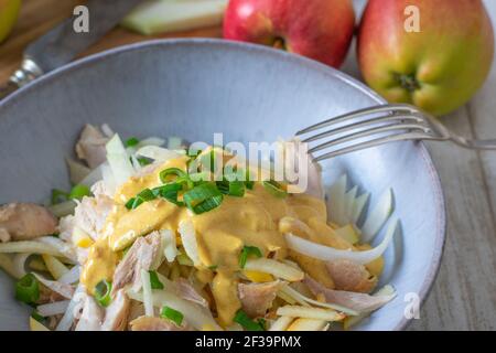 Raw vegetable fruit salad with apple and kohlrabi strips served with chicken meat and curry salad dressing Stock Photo