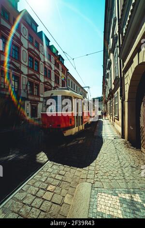 View of tram driving on street in Prague city Stock Photo