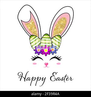 Cute easter bunny face with glitter ears, easter egg and flowers. Greeting card with Happy Easter writing. Vector illustration isolated on white backg Stock Vector