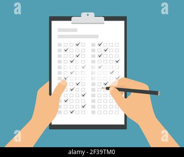 Flat design illustration of male or female hand holding a pencil and filling out a test form. Quiz or exam on white sheet of paper with green backgrou Stock Vector