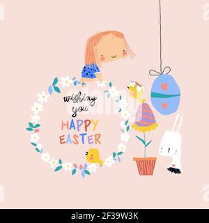 Cartoon Easter illustration with girl, rabbit and easter eggs Stock Vector