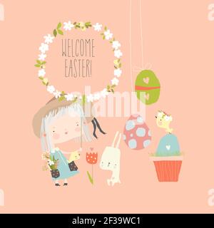 Cartoon Easter illustration with girl, rabbit and easter eggs Stock Vector