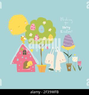 Cartoon Easter illustration with rabbits and easter eggs Stock Vector