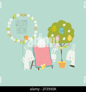 Cartoon Easter illustration with rabbits and easter eggs Stock Vector