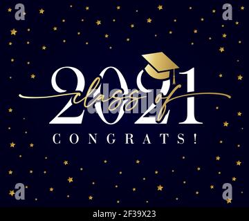 Class of 2021 golden calligraphy banner. Congratulation Graduate calligraphy elegant lettering design over dark blue background. High school card Stock Vector