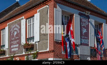 Benouville (Normandy, north-western France): the “Cafe Gondree” coffehouse near the Pegasus Bridge, over the Caen Canal, is said by some to be the fir Stock Photo