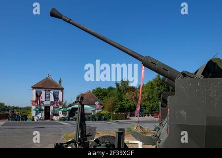 Benouville (Normandy, north-western France): the “Cafe Gondree” coffehouse near the Pegasus Bridge, over the Caen Canal, is said by some to be the fir Stock Photo