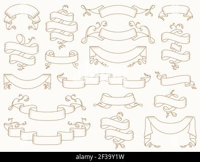Vintage ribbons with antique flourishes. Vector set. Collection of elegant outline banners isolated on clean background. Various shapes. Stock Vector