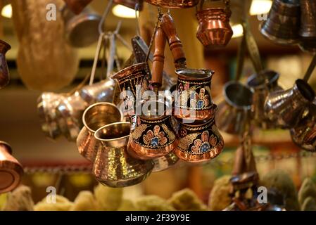 Traditional Copper Turkish coffee pots beautiful decorated. Istanbul, Turkey Stock Photo