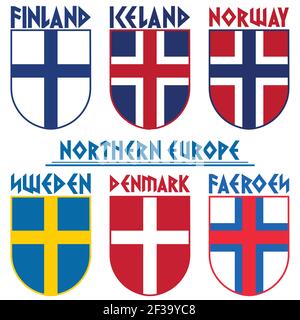 Flags of the Nordic countries, Scandinavia. Norway, Iceland, Sweden, Denmark, Finland, Faroe Islands Stock Vector