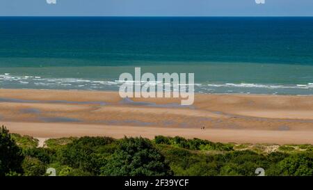 Colleville-sur-Mer (Normandy, north-western France): aerial view of Omaha Beach, one of the landing beaches of D-Day, during WWII, between Vierville-s Stock Photo