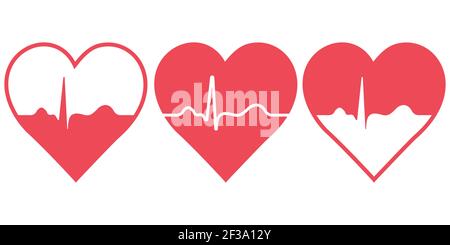 Set of hearts with blood pulse, vector icons symbol of health, sign healthy lifestyle heart in good shape Stock Vector