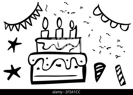 Vector black and white doodle Birthday item at transparent effect background Stock Vector