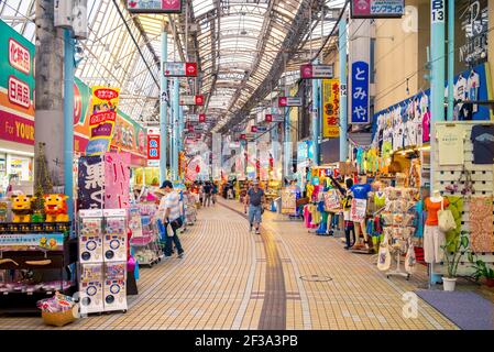 May 26, 2017: Heiwa Dori off of Kokusai Street in naha city, okinawa, japan. Heiwa dori, translated as Peace Street, is a covered shopping arcade feat Stock Photo