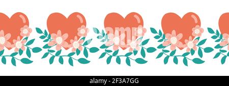 Seamless border Hearts flowers love Valentine symbols. Hand drawn repeating pattern. Red and teal green branches and hearts cute folk art style. For Stock Vector