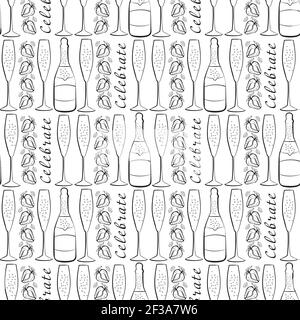 Champagne and strawberry celebrate text vector seamless pattern background. Script lettering, fizzing glasses,bottles strawberries black white Stock Vector
