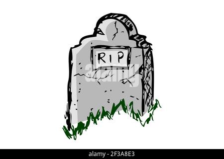 Vector Doodle Hand Draw Sketch, Christian Stone Grave and grass, Isolated on White Stock Vector