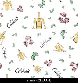 Champagne and strawberry celebrate text vector seamless pattern background. Backdrop with script lettering, fizz, glasses,bottles, fruit and offset Stock Vector