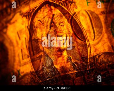 Macro photograph of a one dollar bill. George Washington portrait on the one dollar bill closeup macro. Stock Photo