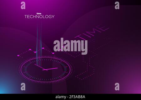 Purple abstract futuristic technology background with clock vector illustration. Stock Vector