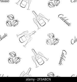 Champagne and strawberry celebrate text vector seamless pattern background. Script lettering, fizzing glasses,bottles strawberries black white Stock Vector