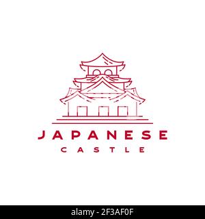 Vintage Hipster Japanese Castle Outline Line Monoline Logo Design Stock Vector