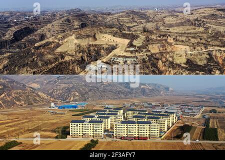 (210316) -- TAIYUAN, March 16, 2021 (Xinhua) -- Combo photo taken on March 9, 2021 shows Shijiamao Village (top) and a residential compound for relocated villagers in Yukou Town of Fangshan County, north China's Shanxi Province. Shijiamao is a small village located in rugged mountainous areas with little rainfall. Like other villagers here, Liu Qingji, an 85-year-old farmer, used to do farming at the mercy of the elements. Having dwelled many years in a gloomy 'yaodong', a house built into the hardened earth common across the Loess Plateau in northern China, Liu hoped to improve the living con Stock Photo