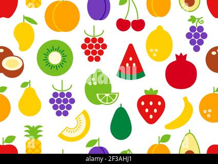 Vector seamless pattern, endless texture with fruits. Set of isolated flat color icons. Healthy food and vitamins Stock Vector