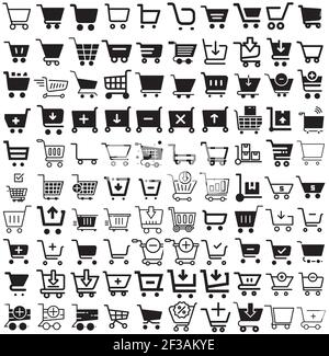 100 shopping cart icons pack for online store advertisement and mobile apps. Cart icons set. Stock Vector