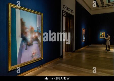 London, UK. 16th Mar, 2021. Francis Bacon, Sand Dune, Bacon', Executed in 1981, Estimate on Request - Behind closed doors: preparations take place at christie's ahead of the livestreamed 20th century art evening sale and the art of the surreal sale on 23 march Credit: Guy Bell/Alamy Live News