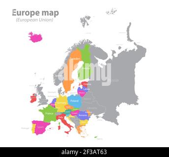 Europe map and European Union, separate individual states with names, color map isolated on white background vector Stock Vector
