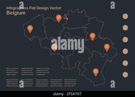 Infographics Belgium map outline, flat design, color blue orange vector Stock Vector