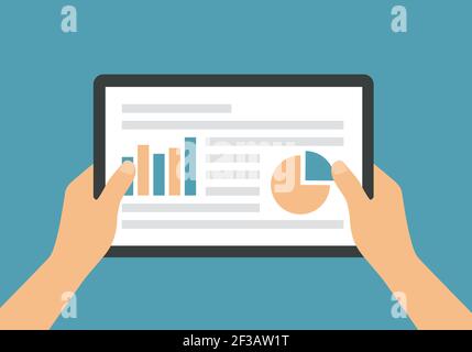 Flat design illustration of male or female hand holding a touch screen tablet. Financial or business report with chart on green background - vector Stock Vector