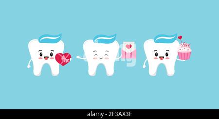 Teeth with gifts dental icon set isolated. Stock Vector