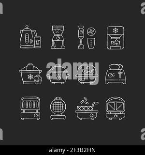 Small kitchen appliance chalk white icons set on black background Stock Vector