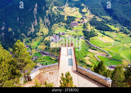 Aerial view of the Quer viewpoint which is suspended on an impressive cliff above the city of Canillo Andorra Stock Photo