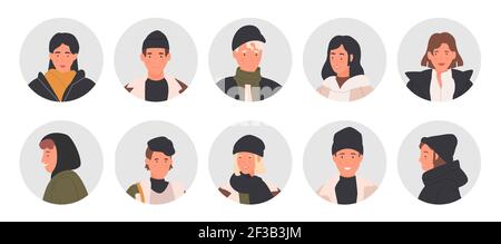 People profile round userpic set, young man woman user heads, male and female faces Stock Vector