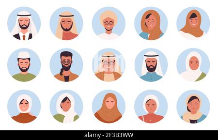 Muslim arabian people portrait round avatars set, multinational man woman face userpics Stock Vector