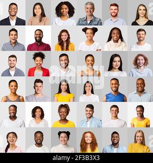 Faces Of Multicultural Young People On Light Gray Backgrounds, Collage Stock Photo