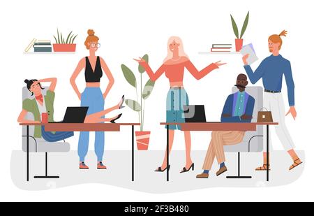 Coffee break in business office interior, happy corporate man woman colleagues talking Stock Vector