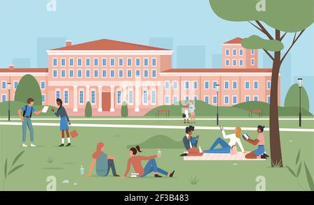 Education scene, happy students sitting on summer park green grass together, studying Stock Vector