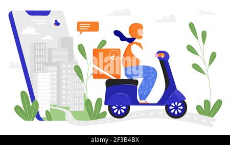 Delivery service, urban landscape on phone screen and young man courier delivering pizza Stock Vector
