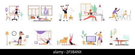 People do sport exercises at home set, healthy fitness workout with dumbbells and ball Stock Vector