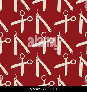Barber shop tools vector seamless pattern background. Duotone ochre terracotta brown backdrop with scissors and razor blades.Hairdressing equipment Stock Vector