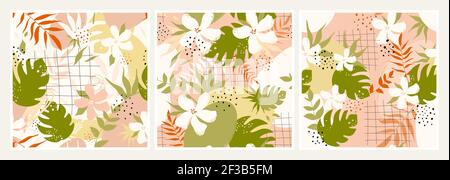Botanical abstract minimal wall art set, aesthetic wallpaper design with flowers, leaves Stock Vector