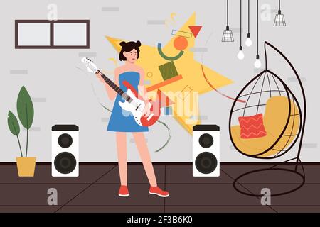 Girl playing guitar music, talent teen artist guitarist with musical instrument standing Stock Vector