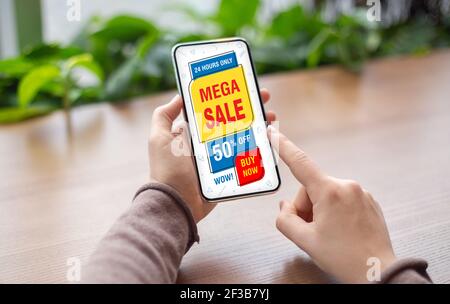 Closeup of feman hands holding smartphone with shopping app Stock Photo