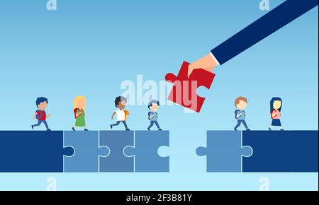Vector of a business man hand holding a puzzle piece bridging the gap in primary education for children passing by Stock Vector